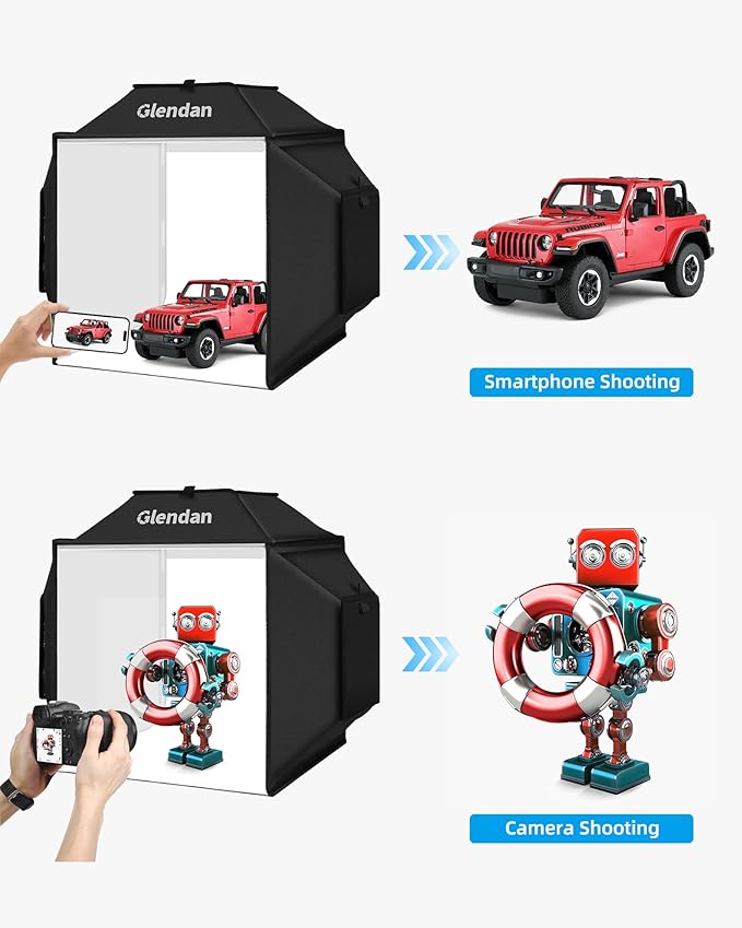 Glendan Portable Light Box Photography: 20"x 20" Upgrade Dimmable Photo Booth Soft Box with 1222 LED Lights - Photo Studio Box with 4 Color PVC Backdrops for Jewelry Product Photography