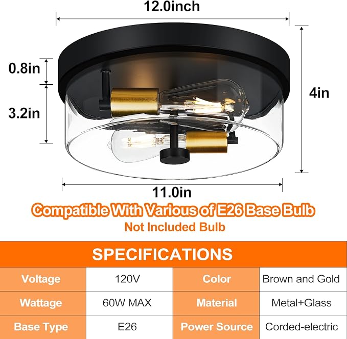 szzgco Flush Mount Ceiling Light Fixtures, 2-Light Black and Gold Ceiling Mount for Farmhouse with Clear Glass Lampshade, Industrial Flush Mount Light Fixture for Hallway, Kitchen, Entryway and Foyer
