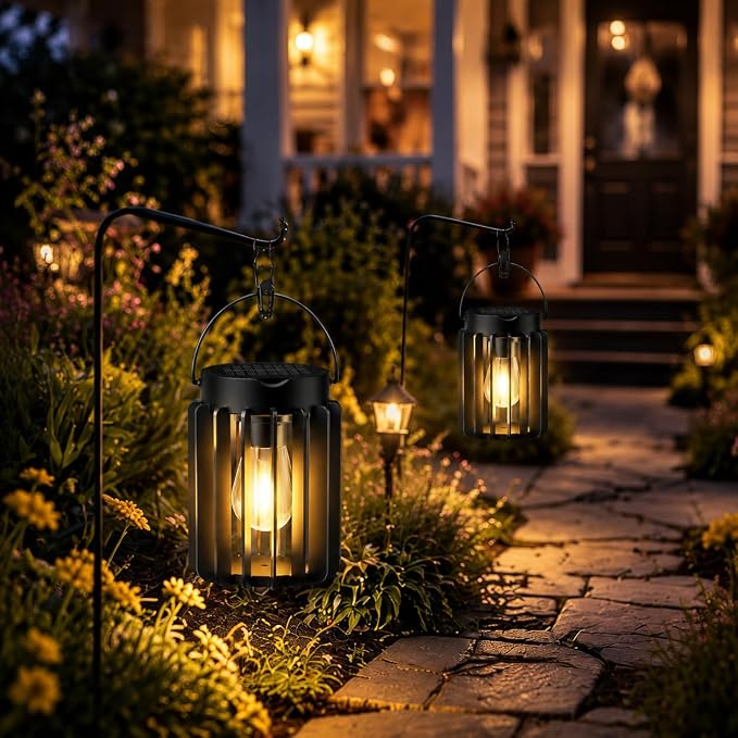 2 Pack Solar Lanterns Outdoor Waterproof, Metal Hanging Lantern, Black | 12-Hr Runtime Outdoor Solar Lantern, Auto On At Dusk, High Bright Hanging Solar Lights for Garden Porch Patio Yard Decor