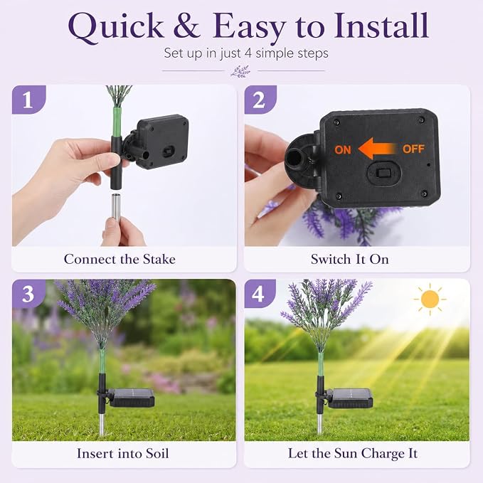 Geegoods Lavender Solar Garden Lights, 2 Pack Outdoor LED Flowers | 2 purple lavender solar flowers with LEDs; auto on/off, IP65 waterproof stakes for pathway, yard, patio and Halloween decor