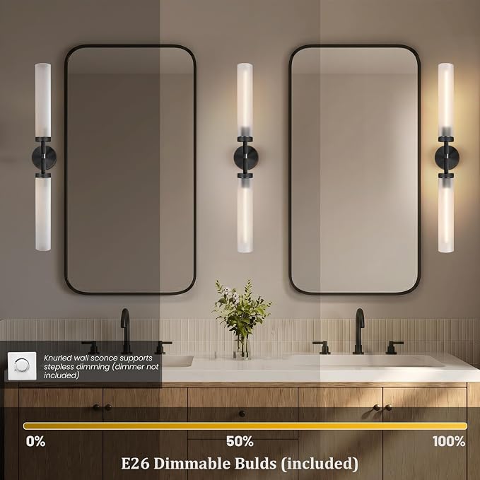 Bblack Knurled Wall Sconce 30", Bathroom Wall Sconce,Glass Tube Brass Sconces Wall Lighting,Bathroom Sconces Side of Mirror,Vanity Sconce Lights for Bath