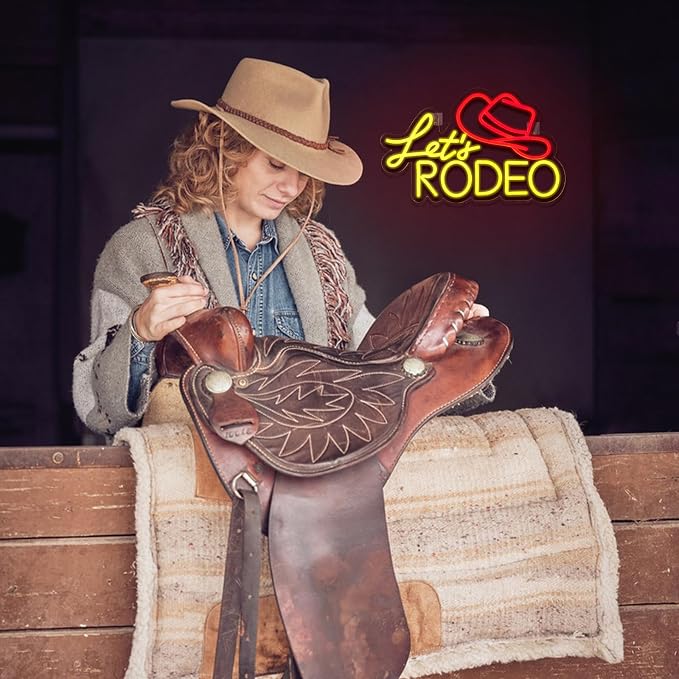 Let's Rodeo Neon Sign for Wall Decor Dimmable Cowboy Hat Led Lights Signs LED Signs for Game Room Cowboys Neon Light Room Decor for Farm Bar Game Room Man Cave Decoration Boys Gift