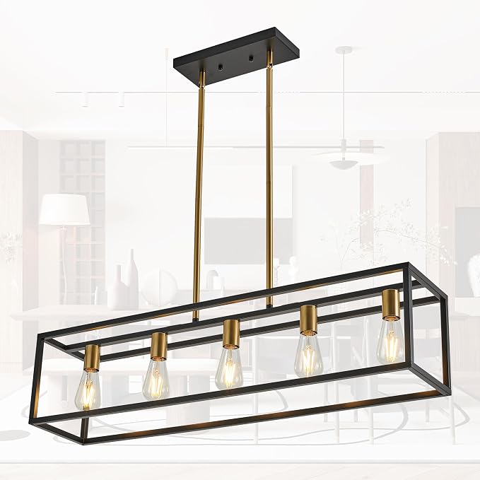 Kitchen Light Fixtures Farmhouse Rectangle Chandeliers Dining Room Light for Dining Rooms, Light Fixture Matte 5-Light Industrial Pendant Lighting