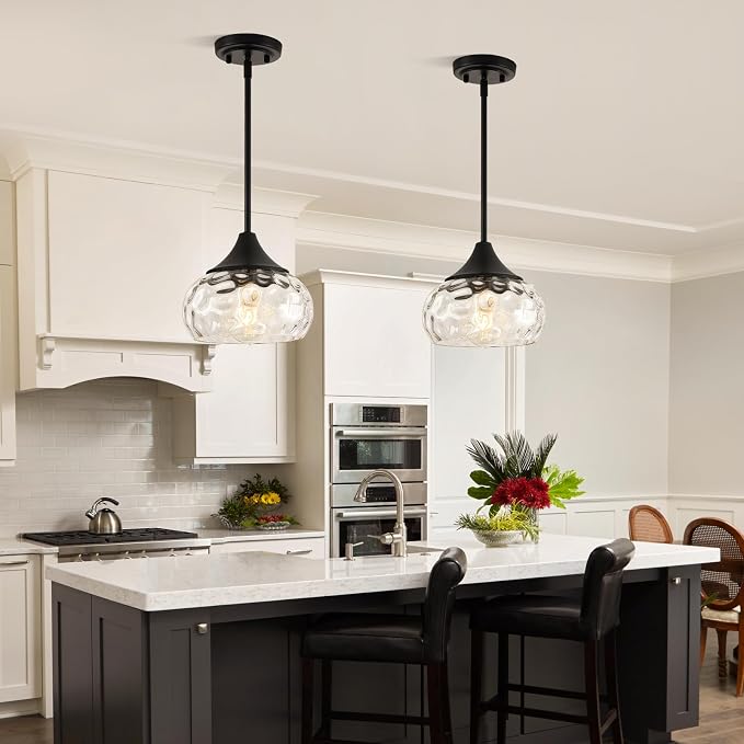 Modern Pendant Lights Kitchen Island, Matte Black Pendant Light Fixtures with 8.5" Clear Hammered Glass Shade, Industrial Hanging Pendant Lights Fixture for Kitchen Island Dining Room Entryway 1 Pack