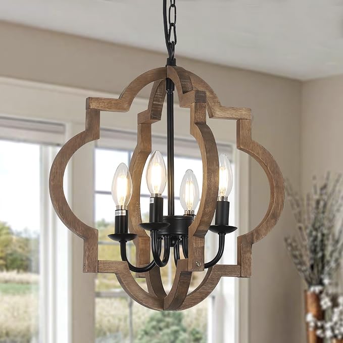 Farmhouse Chandelier Light Fixtures, 4-Light Dining Room Light Fixtures Over Table, Solid Wood Chandeliers for Dining Room, 15.7“ Brown Rustic Chandeliers for Living Room Kitchen Island Bedroom Foyer