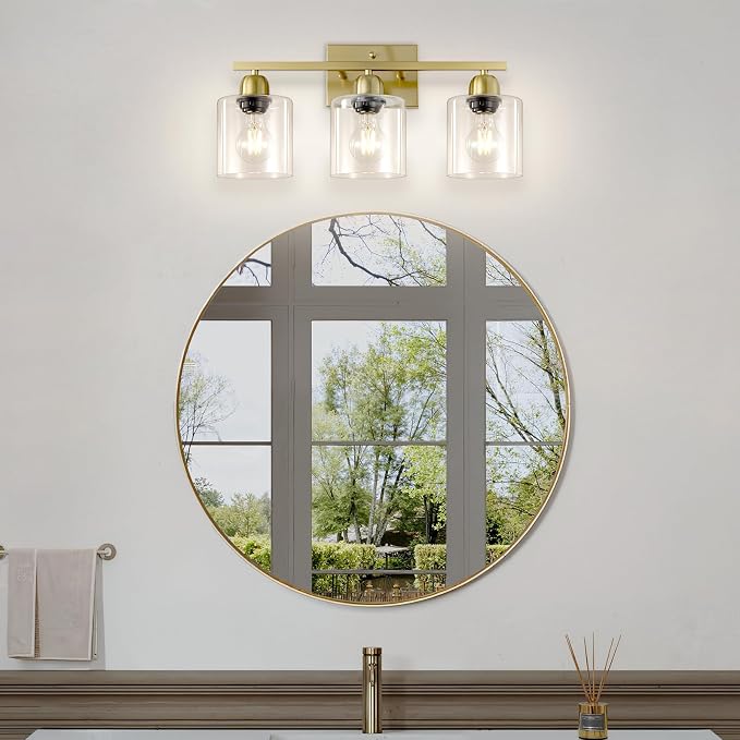 Modern Brushed Gold 3 Light Bathroom Light Fixtures, 19 inch Vanity Lights for Bathroom with Clear Glass, Bathroom Lighting Fixtures Over Mirror for Mirror Kitchen Living Room