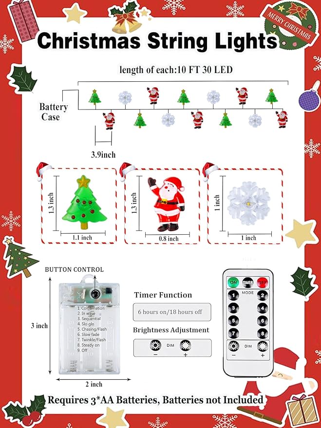 Christmas Tree Santa Snowflake Fairy Lights Battery Operated with Remote | 10FT 30LED, 8 Modes & Timer, Waterproof Wire, Christmas Fairy Lights Twinkle for Indoor Outdoor Xmas Fireplace Window Decor