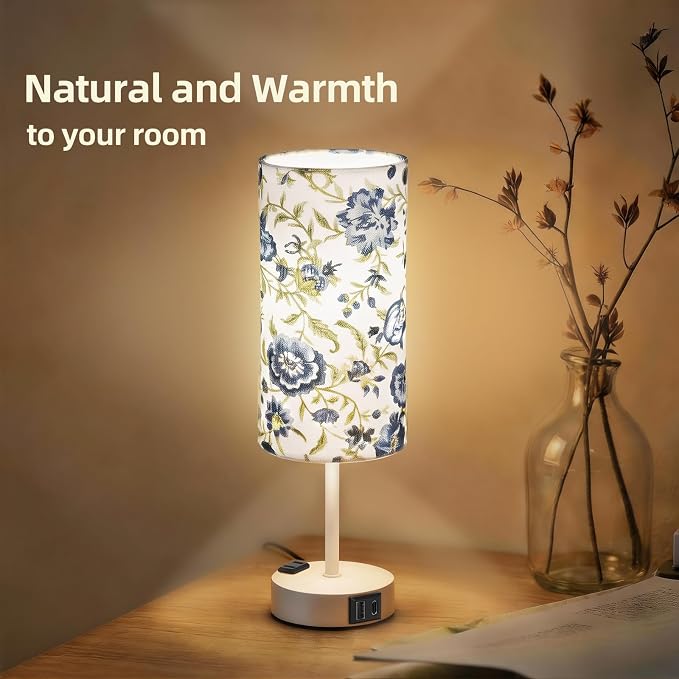 Table Lamp for Nightstand, High-Sensitivity Touch, 3-Level Dimmable Bedside Lamp with AC Outlet | USB | and USB-C, Ideal Night Stand Lamp for Bedroom (1, Printed&White)