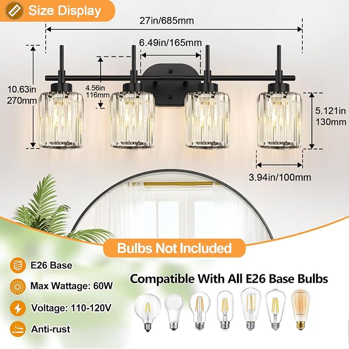 Matte Black 4-Light Crystal Bathroom Vanity Light, Modern Bathroom Light Fixture Over Mirror, Black Vanity Lighting for Bathroom, Bulbs Not Included