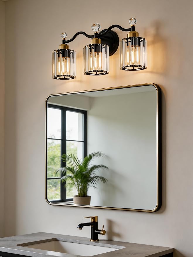 Black&Gold Bathroom Vanity Light Fixtures Over Mirror,3-Light Crystal Bathroom Light Fixtures,Vanity Light Fixtures Over Mirror,Wall Sconce with Clear Crystal Glass Shade, Kitchen, Living Room