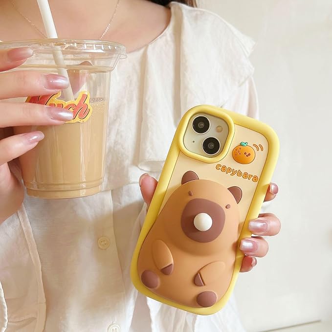 Kawaii Phone Case for iPhone 13 Pro Cute Funny 3D Cartoon Capybara Silicone Protective Case Cover for Women & Girl