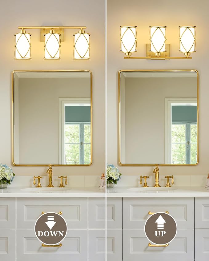 3-Light Brushed Gold Bathroom Light Fixtures with Milk Frosted Glass, 21" Modern Bathroom Vanity Lighting Fixtures Over Mirror with Metal Cage, Wall Sconce Lights for Bath, E26, CH9176BGW-3W