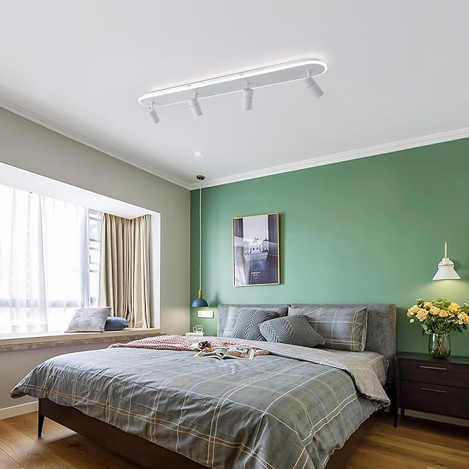Jaycomey Modern LED Ceiling Light with 4 Spotlights, Dimmable 58W Linear Ceiling Lamp Fixture with Remote, 43.3in Upgraded Flush Mount Ceiling Chandelier Lighting for Bedroom Closet Hallway (White)
