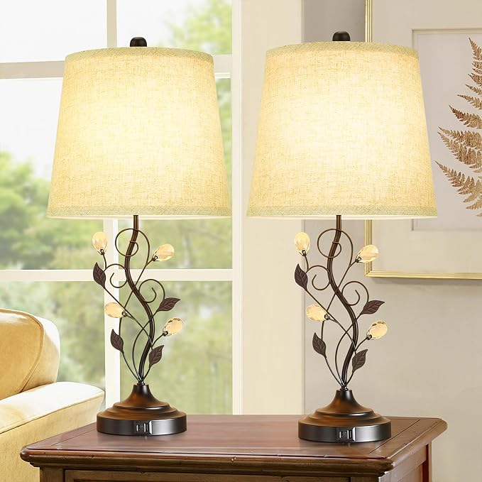 Sheetea 24.5’’ Table Lamps Set of 2 for Bedroom Living Room Bedside, Black | 2 USB Charging Ports, Farmhouse Rustic Style, Unique Leaf Design, Perfect for Bedrooms Nightstand End Tables Decor