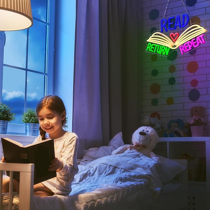 15.8 x 10 Inches Read Neon Sign Read Return Repeat Book USB Dimmable Neon LED Sign for School Library Reading Corner Classroom Wall Decor, Study Room Gifts Art for Book Lover