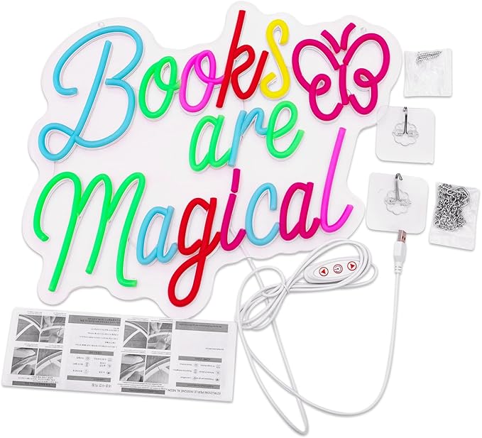 Books Are Magical Neon Sign, Neon Signs for Wall Decor, Dimmable Led Signs for Bedroom, Light Up Signs for Classroom Reading Room Book Party Library Decoration Decor 14.57 x 12.6 inch