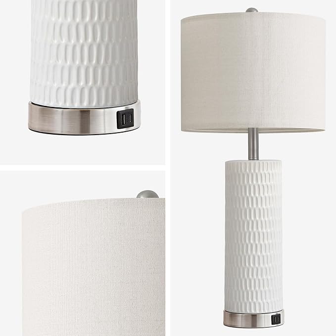Reaketon 26.5" White Lamps for Bedroom Set of 2, Modern Table Lamps for Living Room with USB C+A Ports, Touch Lamps for Nightstand, Oatmeal Shade