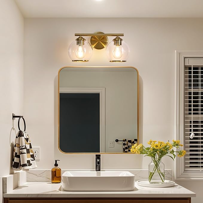 Brushed Gold Bathroom Vanity Light Over Mirror, 2 Light Bathroom Light Fixtures with Clear Globe Glass Shade, Modern Vanity Lighting Wall Mounted