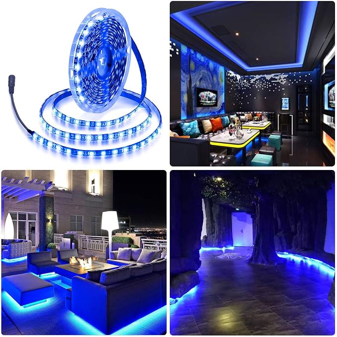ALITOVE 16.4ft 5050 Blue LED Flexible Strip Ribbon Light Black PCB DC 12V 5M 300 LEDs Waterproof IP65 for Home Garden Commercial Area Lighting, Without Power Supply