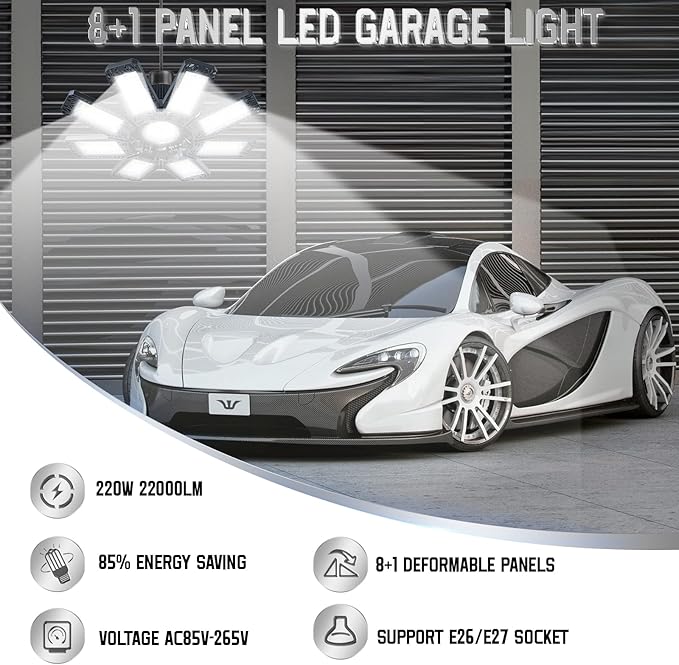 Garage Light 6 Pack 220W, 22000LM LED Lights for Garage with 8+1 Deformable Panels 6500K Screw in LED Shop Lighting for Workshop, Basement Support E26/E27