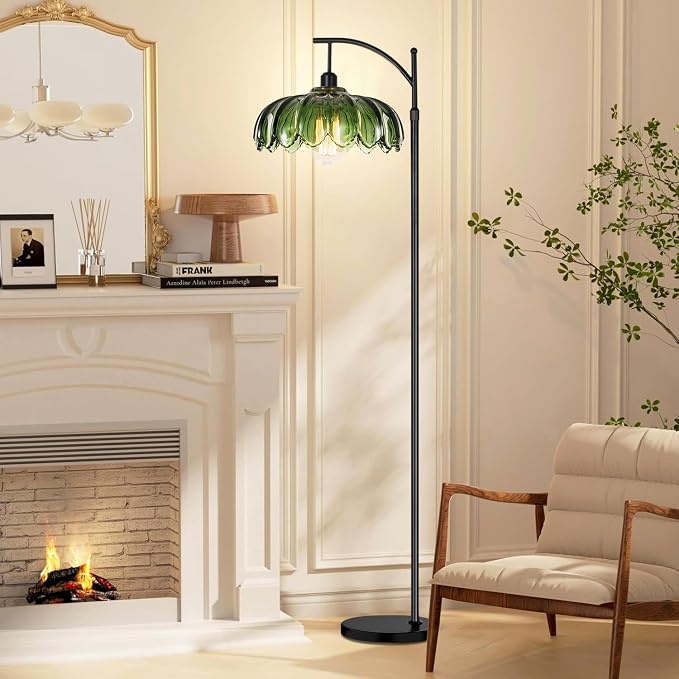 QIYIZM Gold Floor Lamp for Living Room,Bedroom,Standing Lamp with Remote Dimmable Brass Tall Lamp Vintage Retro Mid Century Modern Floor Lamps Arc Green Glass Flower Lamp Floor Light Boho Bohemian