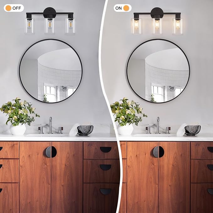 Black Bathroom Light Fixtures 3-Light Bathroom Vanity Light | Clear glass shade, Anti-rust, Easy install, E26 scoket, Vanity Lighting Fixtures, Over mirror, Makeup, 18.6in Vanity lights