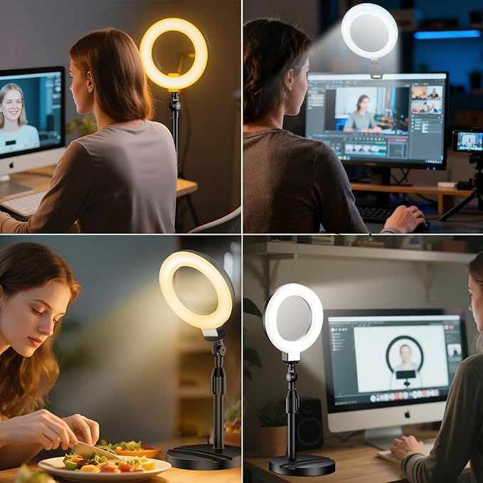 Desk Ring Light with Stand, Video Conference Lighting with Clip, Ring Light for Phone, Travel Selfie Light for Makeup, Live Streaming, Video, Photography