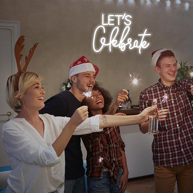 Let's Celebrate Neon Sign Dimmable White Neon Light Let's Celebrate Neon Signs for Wall Decor Powered by USB Words LED Lights for Bedroom Party Thanksgiving(16.5"x11.8")