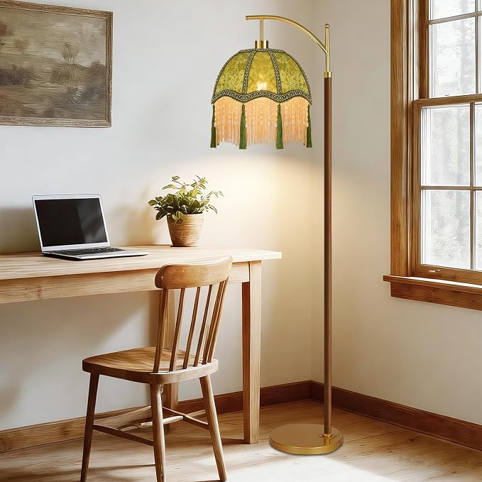 Wood Floor Lamps for Living Room Arc Boho Floor Lamp with Remote Control &3 Color Temperature,Vintage Green Floor Lamp Flower Mid Century Modern Standing Lamp Fringe Tall Floor Lamp for Bedroom Corner