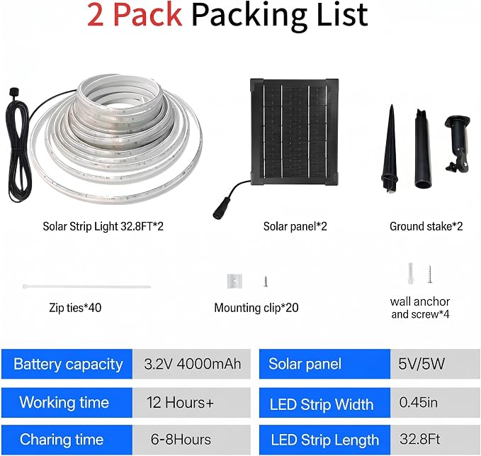 Solar Rope Lights Outdoor Waterproof 32.8FT 3000K for Step, Garden, Patio | 2 Pack 4000mAh Battery 600 LEDs 3000K Warm White Solar Powered Dusk to Dawn IP65 Bright Thick with 4 Modes Landscape Lighting