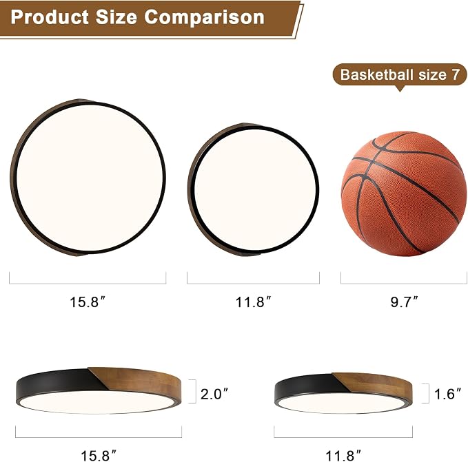 Modern LED Ceiling Light, Brown Walnut Wood Minimalist Flush Mount Ceiling Light Fixture, 4000K Not Dimmable, Circle Lighting Lamp with Acrylic Lampshade for Bedroom Hallway Laundry 15.8"