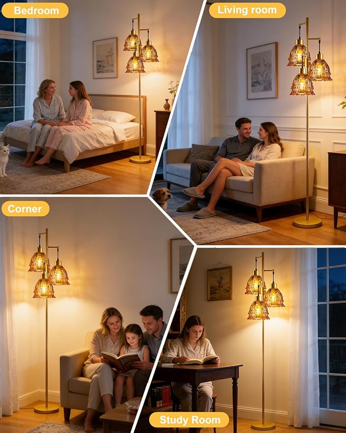 Lightdot 3-Lights Glass Floor Lamp Dimmable Gold Floor Lamps with Brown Glass Shade 3000K Bulbs Included Unique Modern Standing Tall Lamp with 5Lbs Heavy Base for Living Room/Bedroom/Sofa Beside