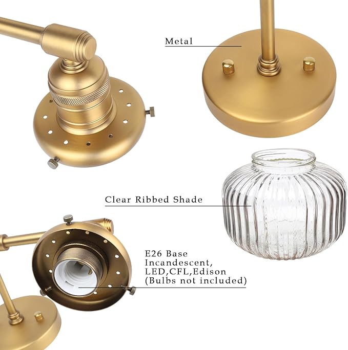 Phansthy Vintage Hardwired Sconces Wall Lighting, Bathroom Vanity Light Fixtures Antique Brass, Modern Wall Light with Clear Striped Glass Shade for Bedroom Fireplace Hallway (Antique Gold, Two-Light)
