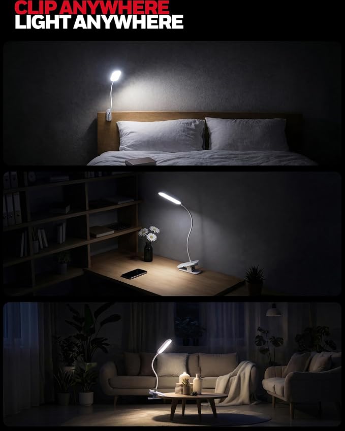 Honeywell Clip On Reading Light,Rechargeable LED 4000K CRI95 Gooseneck Lamp | 2000mAh Battery,Touch Desk Lamp White Light Mode,Eye-Caring Study Lamp With Clamp for Bed/Headboard/Table/Dorm/Home Office
