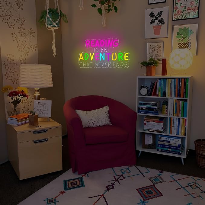 Colorful Reading Classroom Neon Sign Reading Is An Adventure That Never Ends Neon Light for Wall Decor School Classroom LED Sign for Kids' Room Read Corner Study Room Neon Wall Art for Teacher