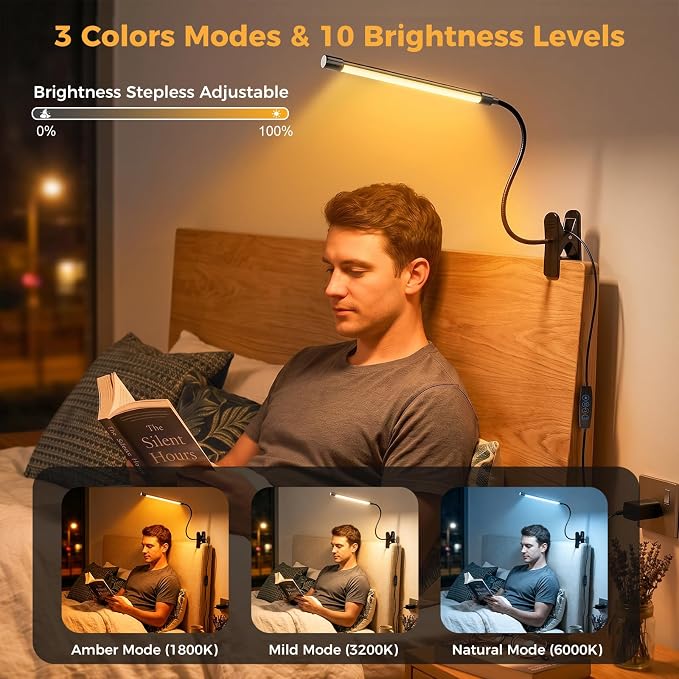 Clip on Reading Light for Books in Bed: Adjustable Dimmable Gooseneck Eye Caring LED Small Desk Table Lamps with Clamp: 3 Modes Lighting Night Lamp for Bed Headboard - Bedside(with Power Adapter)