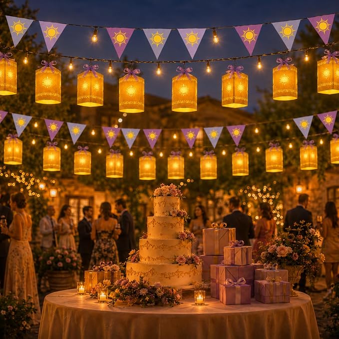 30 Pack Purple Princess Sun Hanging Paper Lanterns DIY Set 2 Pcs Purple Sun Flag Hanging Banner Square Round Cutout Decor for Birthday Wedding Party Decor (Light String Not Included)