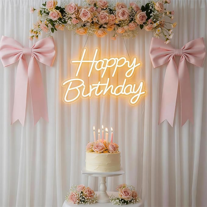 22" x 14.5" Happy Birthday Neon Sign for Backdrop, LED Happy Birthday Light Up Sign, USB Powered Dimmable Neon Light for Birthday Party Decorations, Wall Decor, Warm White