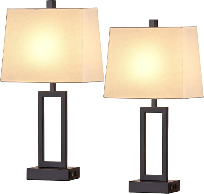 23.5" Touch Control Table Lamps Set of 2, Bedside Lamp with 2 USB Ports & AC Outlet, 3-Way Dimmable Nightstand Lamp with White Linen Shade for Living Room Bedroom End Table Office(2 LED Bulb Included)