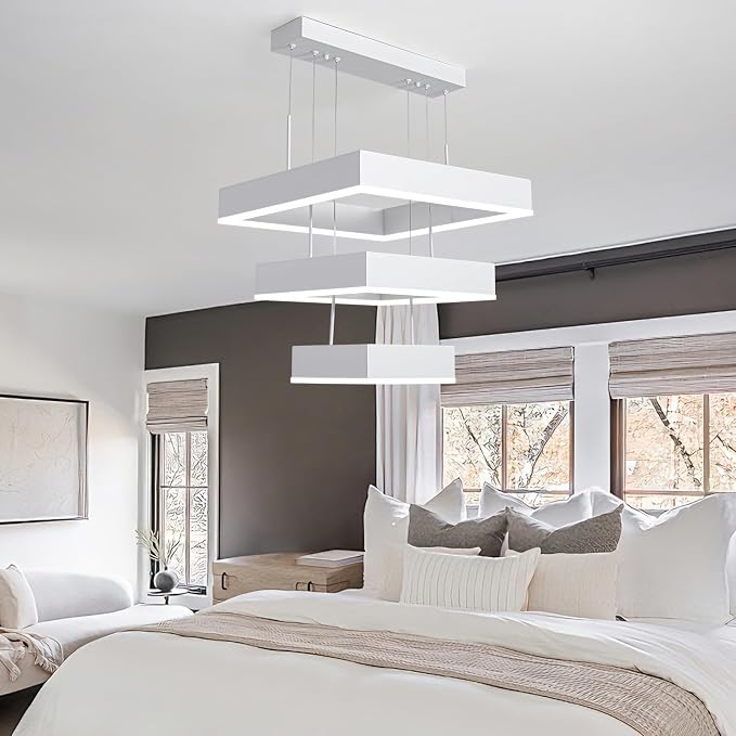 O'NEELDY Modern Chandelier White Pendant Lights Square LED Dining Room Light Fixture Height Adjustable Kitchen Island Lighting 3 Rings Flush Mount Chandeliers for Living Room,Bedroom,Dining Table