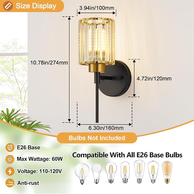 Bathroom Wall Sconces Set of 2, Black & Gold Wall Lights with Clear K9 Crystal Shades, Bathroom Light Fixtures for Bedroom, Living Room, Hallway