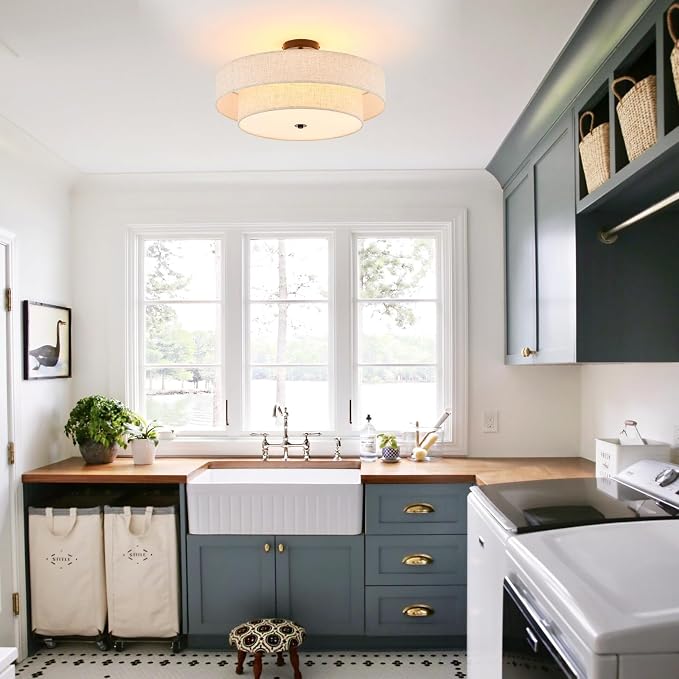 Modern Semi Flush Mount Ceiling Light 21.7" Modern Black 4-Lights Drum Ceiling Lighting Fixture Vintage Linen Golden Ceiling Lamp for Laundry Room, Kitchen, Living Room, Dining Room, Bedroom