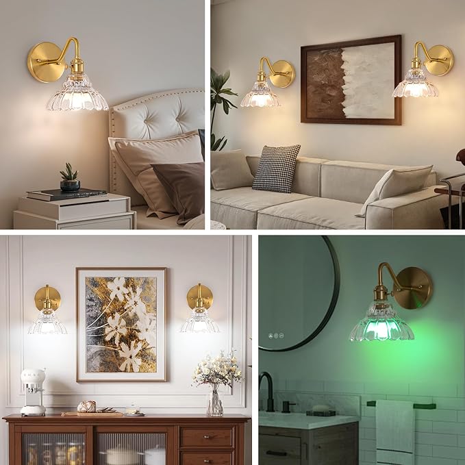 Vintage Battery Operated Wall Sconces Set Of Two, Indoor not Hardwired Brass Transparent Glass Lampshade Fixtures, Rechargeable Wireless RGB Wall Lights with Dimmable Remote, for Bedroom Living Room