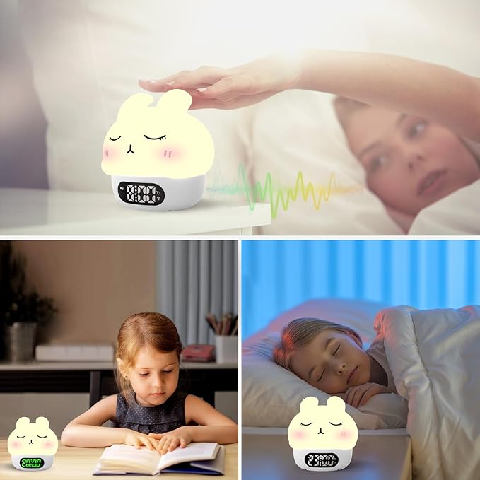 Bunny Alarm Clock with Night Light for Kids, Cute Digital Clocks for Bedrooms, Ok to Wake Clocks Battery Operated, Rechargeable Led Desk Clock With Timer, Bedside Clock Gifts for Teen Boys Girls White
