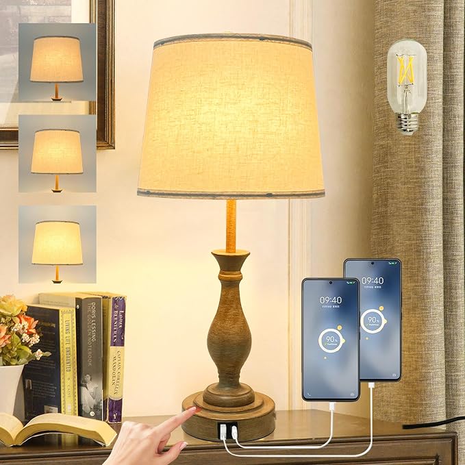 LALISU Farmhouse Table Lamp Touch Control 3-Way Dimmable Table Lamp, Modern Nightstand Lamp with 2 USB Port Bedside Desk Lamp with Fabric Shade for Living Room (Pack 1-Beige Shade & Touch)