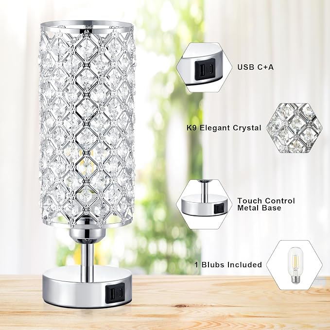 Crystal Touch Lamp with Touch Control, Sliver Table Lamp with USB-C+A Ports, 3 Way Dimmable Bedside Lamp Decorative Modern Nightstand Lamp, Bedroom Light for Living Room Side Table(Bulb Included)