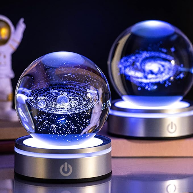 Solar System 3D Crystal Ball with LED Stand, 80mm Galaxy Model Decor Glass Sphere Lamp Night Light, Space Universe Astronomy Gifts for Women Men Mom Kids