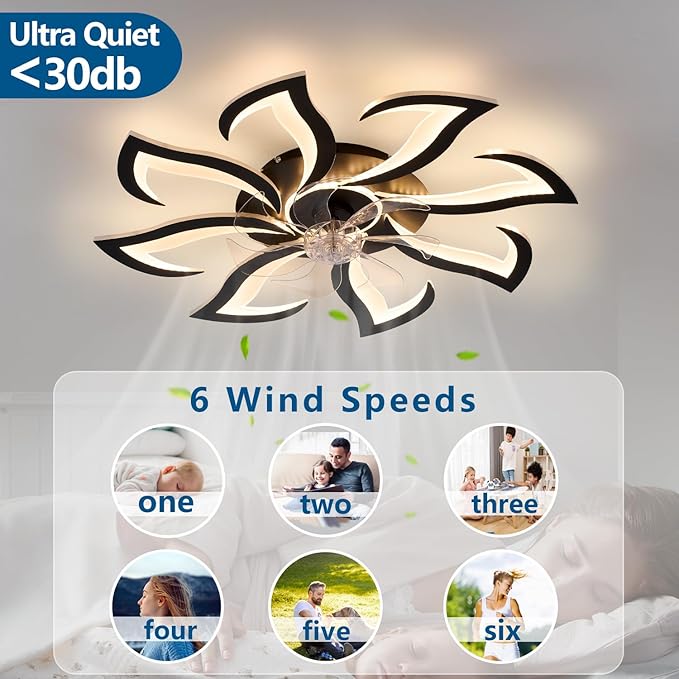 Modern Ceiling Fan with Lights and Remote Control, 32" Black Flush Mount Fan with 3 Light Colors, 6 Speeds, Low Profile for Kitchen and Bedroom