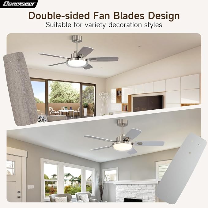 44 Inch Ceiling Fans with Lights and Remote, Bedroom Living Room Office Outdoor , 5CCT Dimmable, Dual Color 5 Blades, 6 Speed Reversible Quiet DC Motor, Dual-Layer Shade, Sand-nickel/Wood Grain
