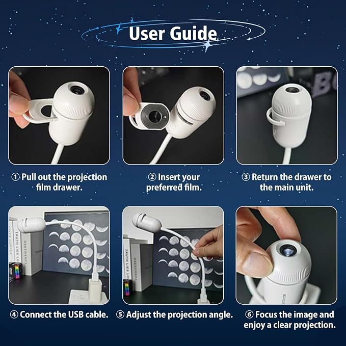 Galaxy Projector Night Light, 2-in-1 USB Star Lamp Kids Gift for Bedroom | Adjustable Brightness, Car & Room Wall Ceiling Decor - 24 Films